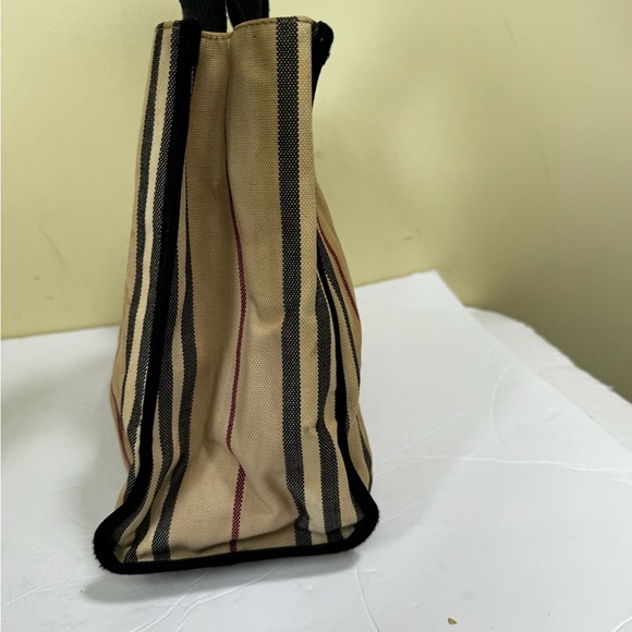 Burberry Vintage Striped Canvas Toto Bag Satchel Handbag Nova Check Cotton Tan - Picture 4 of 16